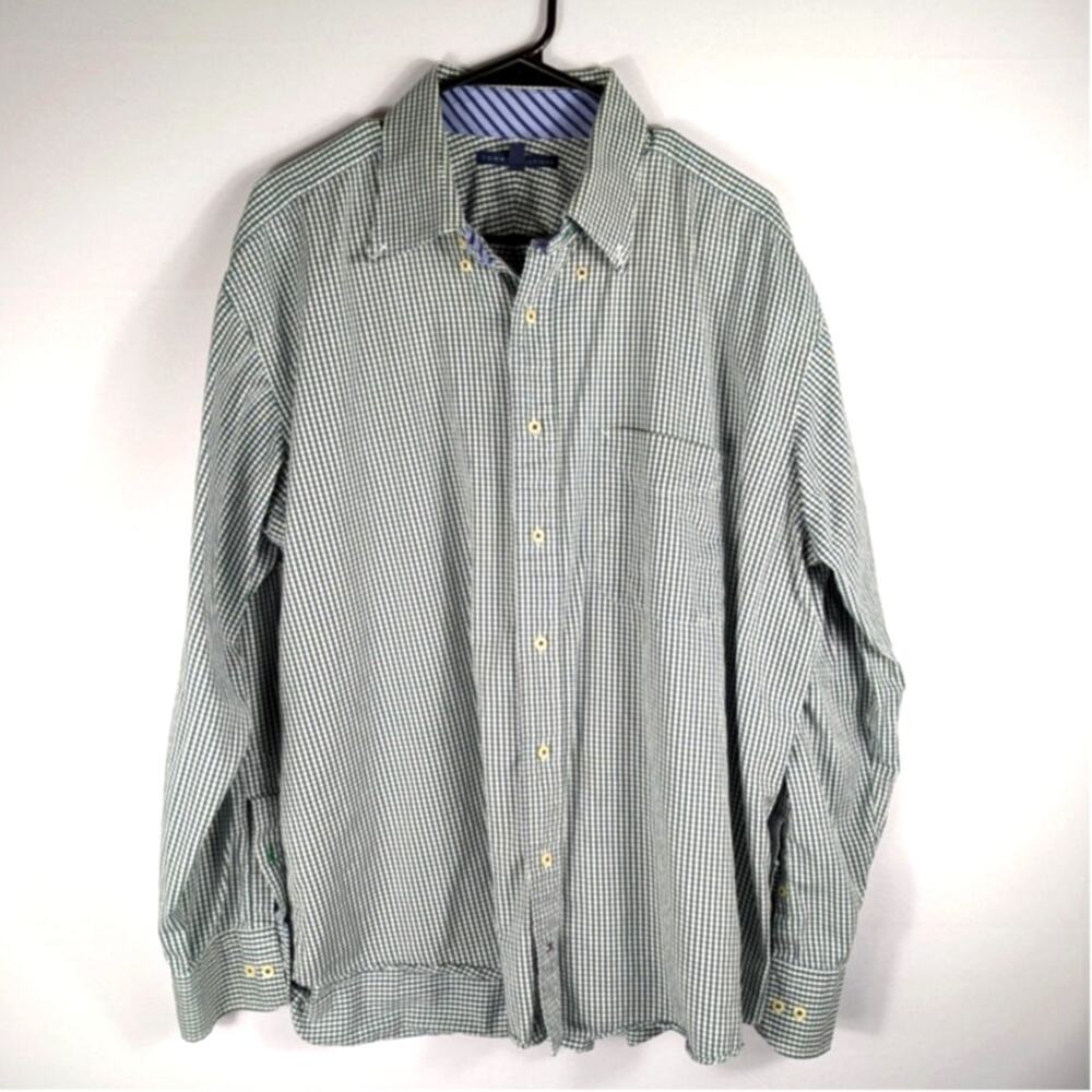 Tommy Hilfiger XL Shirt 17 34/35 Green Blue Plaid Grid Check Cotton Button Front
